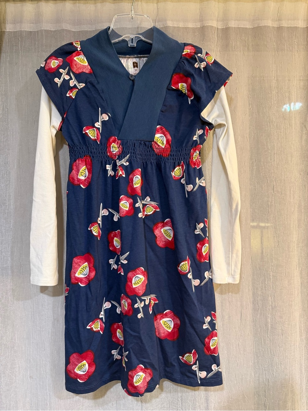 Tea Collection Navy Dress with Red Floral Print and Cream Long-Sleeve Layer